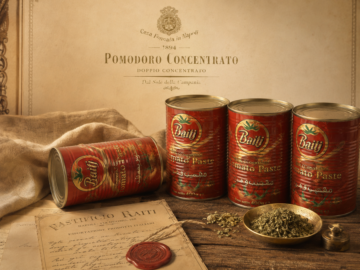 Baity tomato — three tins on a Pomodoro Concentrato manifesto